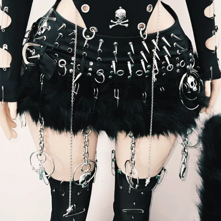 Long sleeve hollow out metal chain skull applique cut out top  | Festival Outfits Women