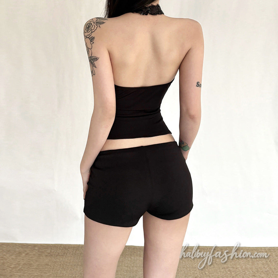 Halter glitter button backless solid top