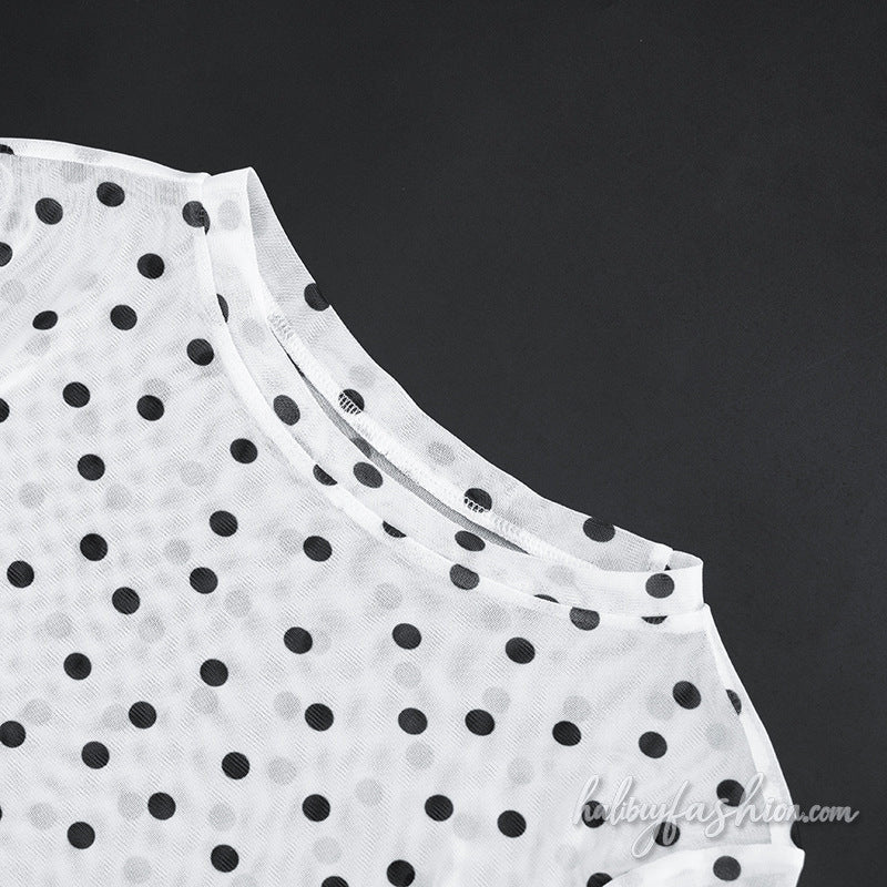 Polka dot long sleeve sheer mesh crewneck maxi dress - Halibuy - 9