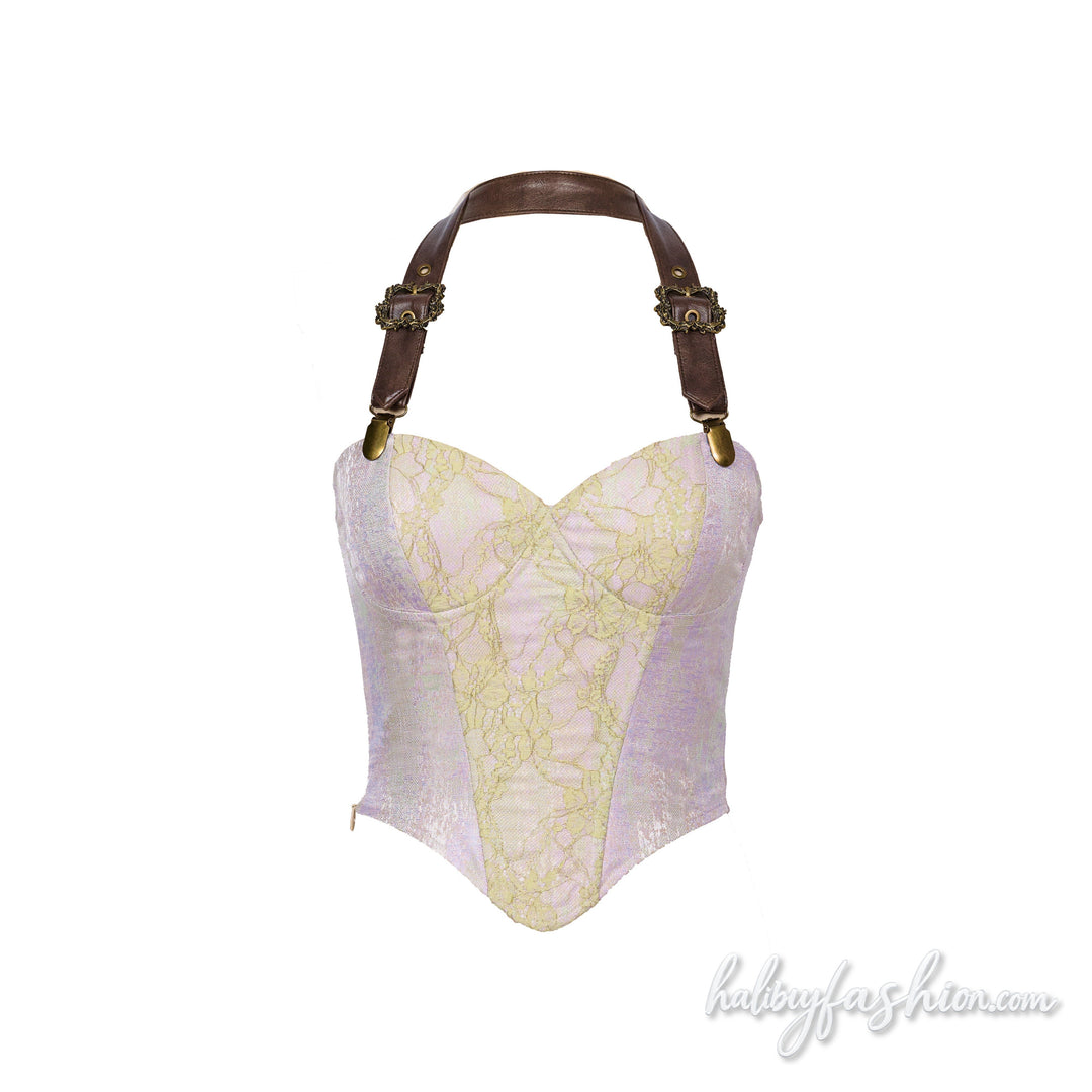 Halter buckle lace zip-up self tie tube top