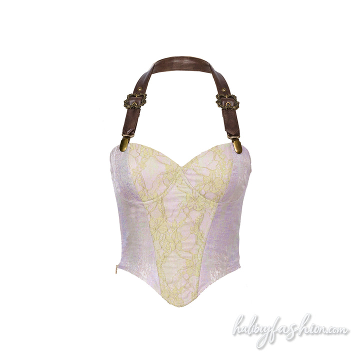 Halter buckle lace zip-up self tie tube top