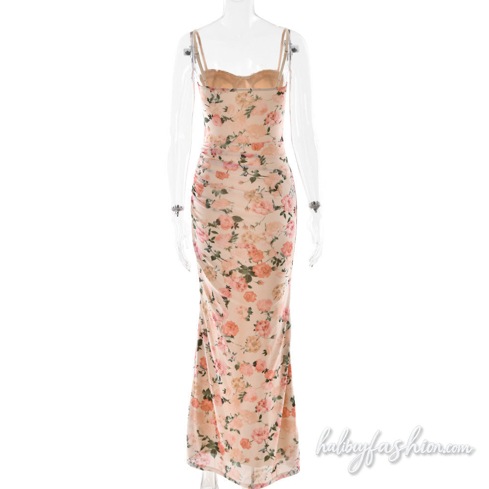 Ruched flower print lace hem mesh cami maxi dress