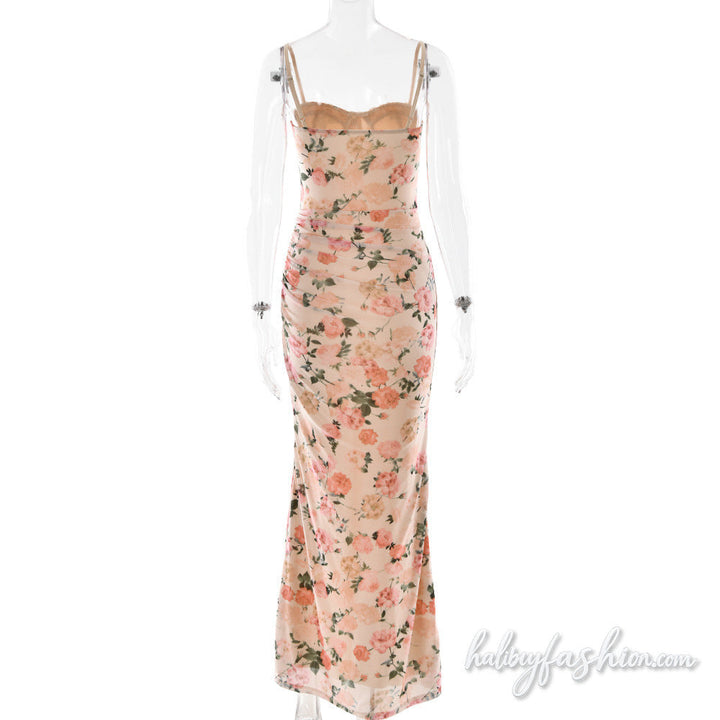 Ruched flower print lace hem mesh cami maxi dress