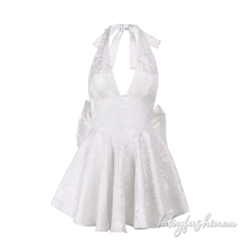 Halter self tie bowknot v neck print mini dress