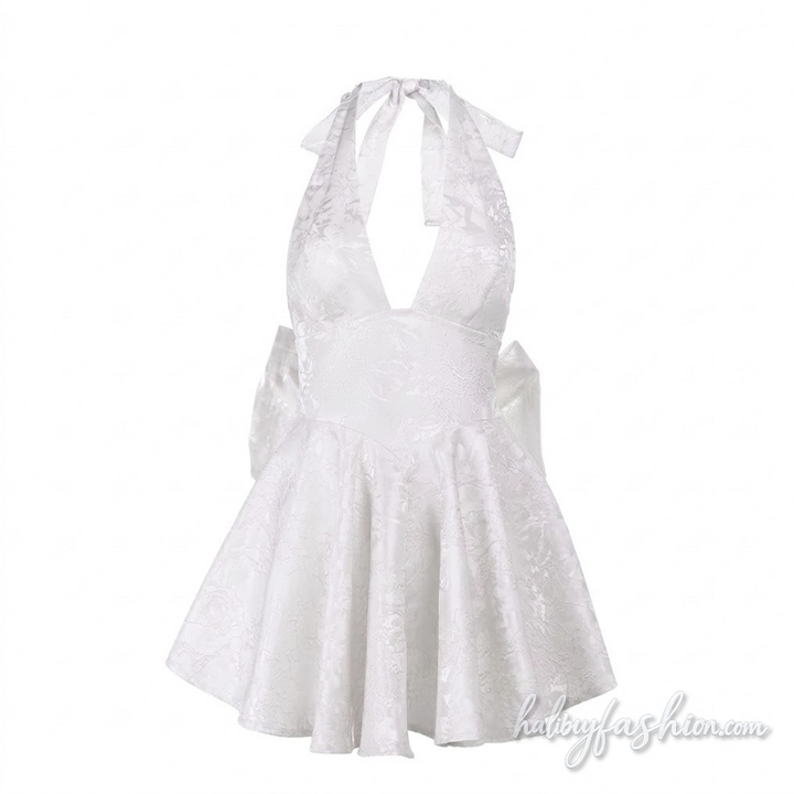 Halter self tie bowknot v neck print mini dress
