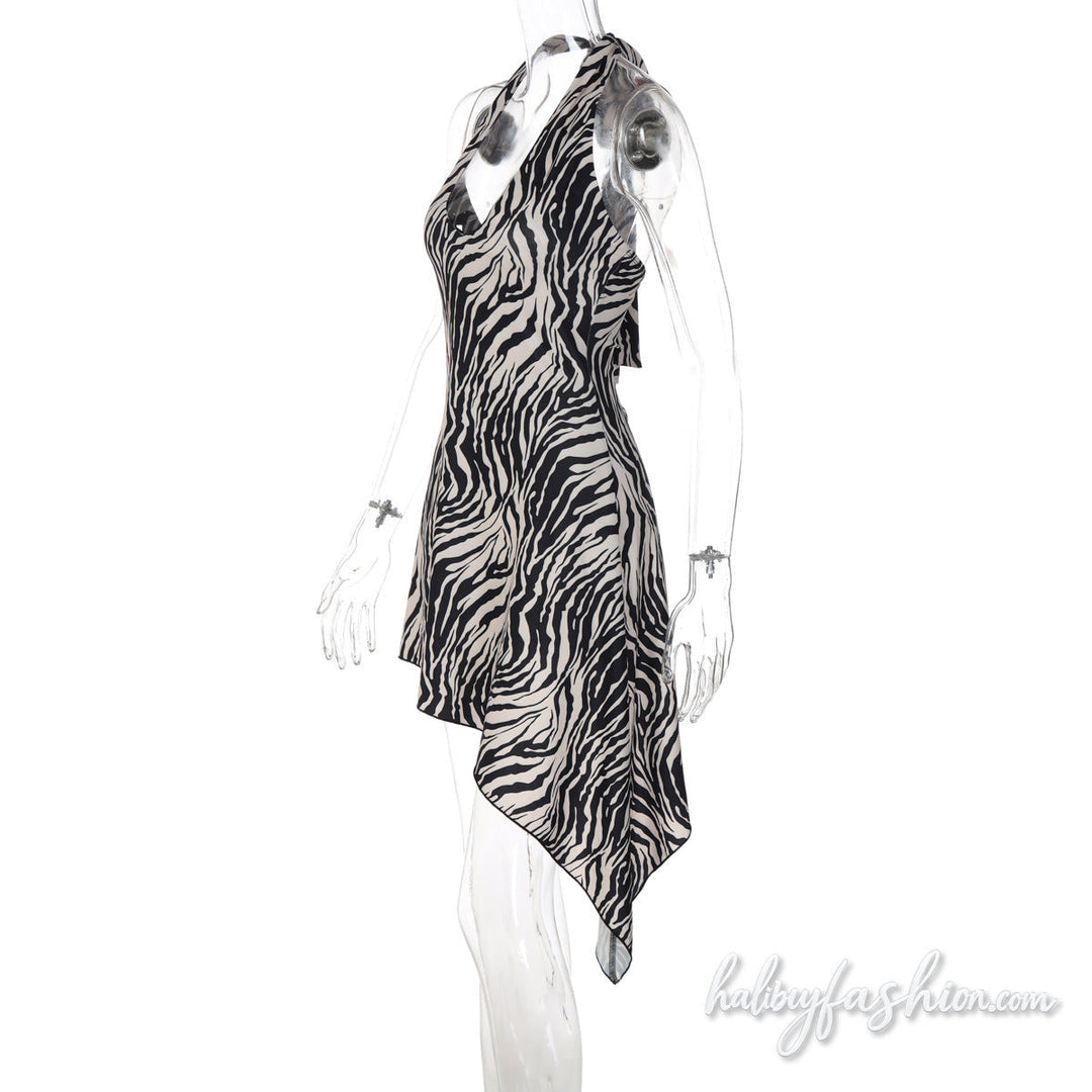 Zebra print halter self tie u neck irregular mini dress - Halibuy - 4