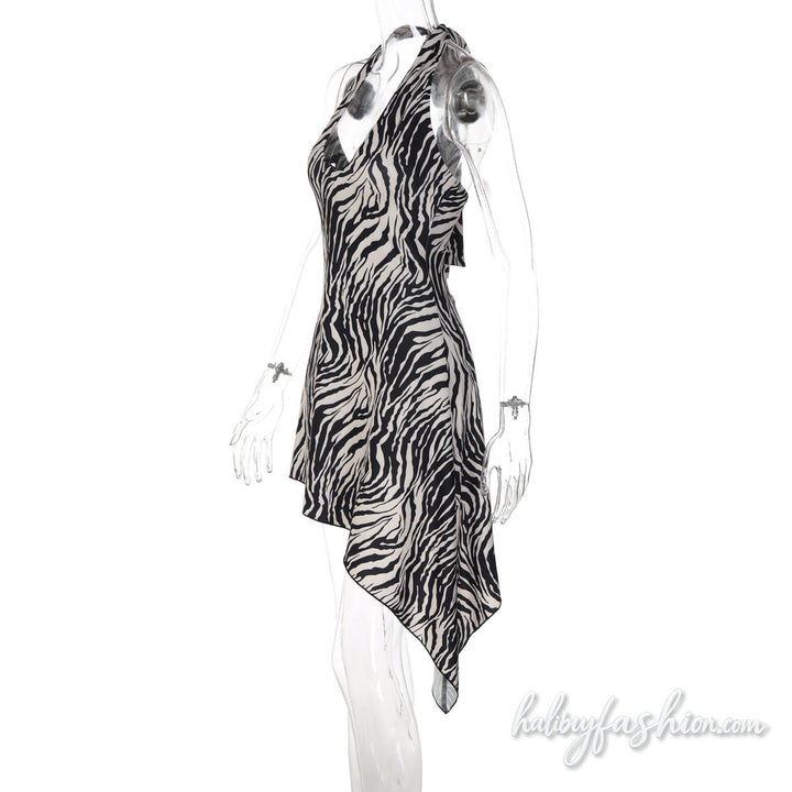 Zebra print halter self tie u neck irregular mini dress - Halibuy - 4