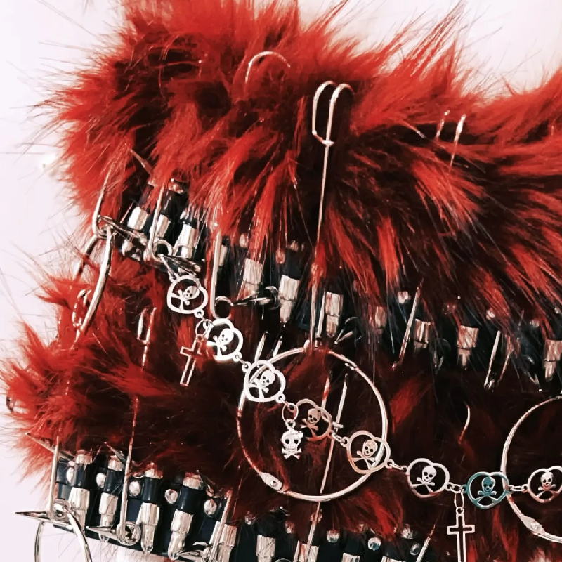 Fluffy o ring skull applique metal chain mini skirt set  | Festival Outfits Women