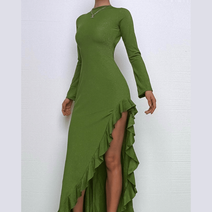 Long sleeve see through glitter irregular ruffle maxi dress  | Festival Outfits Women