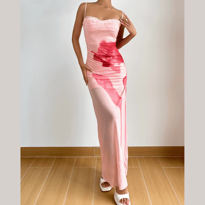 Lace hem mesh print cami maxi dress  | Festival Outfits Women-final-sale