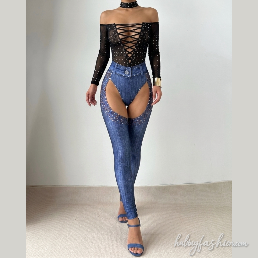 Hollow out long sleeve polka dot jumpsuit