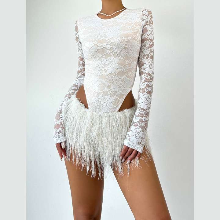 Long sleeve crewneck lace bodysuit  | Festival Outfits Women