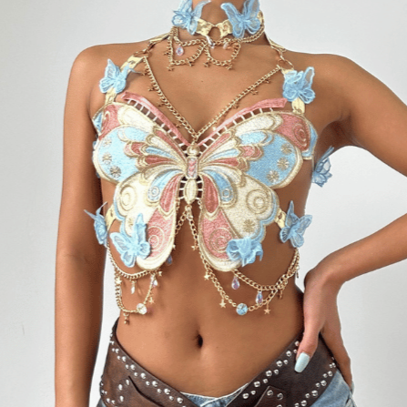 Butterfly embroidery metal chain halter top with choker  | Festival Outfits Women