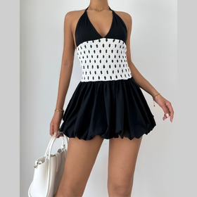 Halter polka dot v neck smocked mini dress  | Festival Outfits Women