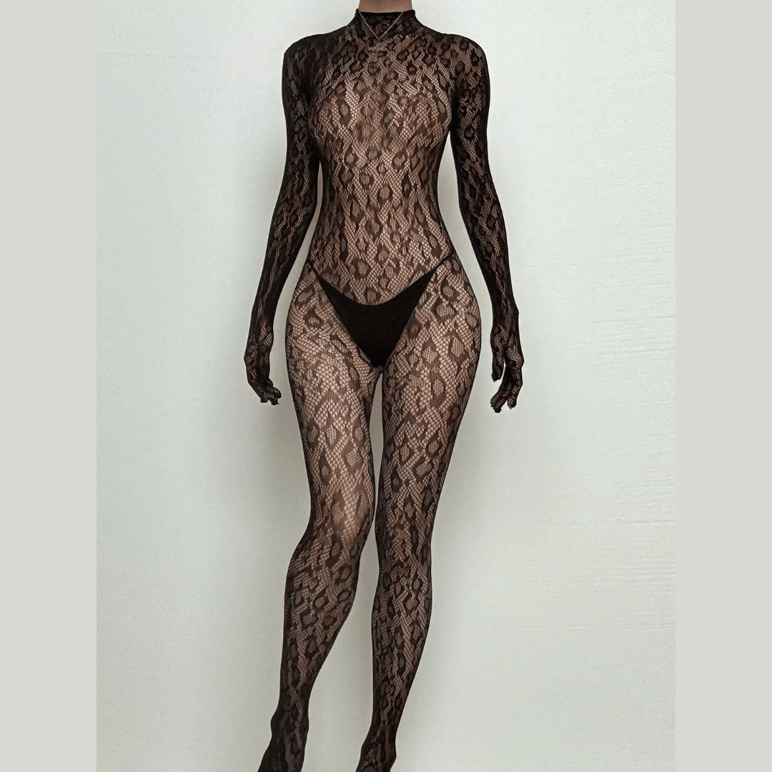Long sleeve leopard high neck backless bodystocking  | Festival Outfits Women