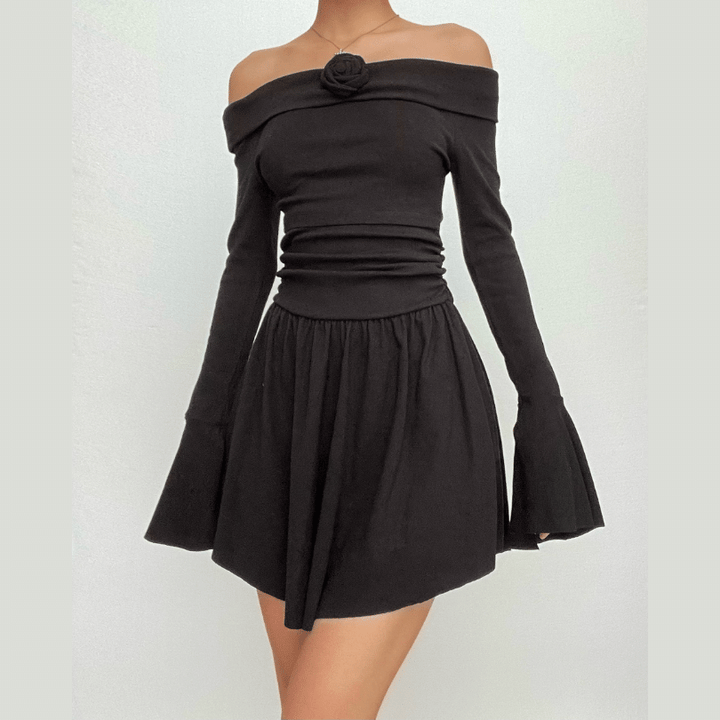 Flower applique off shoulder long flared sleeve slit mini dress-final-sale