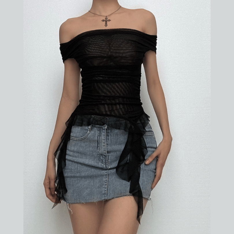 Off shoulder sheer mesh ruffle top  | Festival Outfits Women