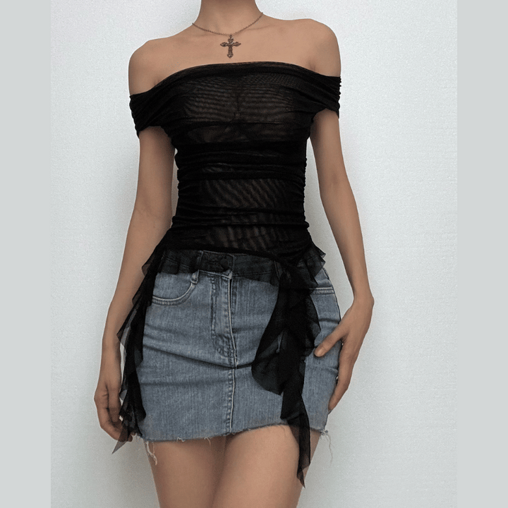 Off shoulder sheer mesh ruffle top  | Festival Outfits Women