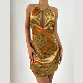 Halter backless hollow out flower print cut out mini dress  | Festival Outfits Women