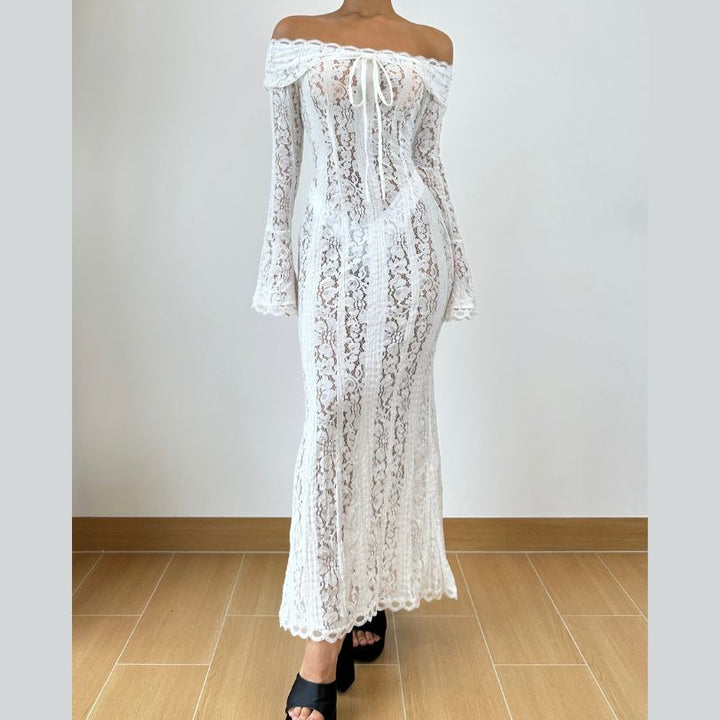 Long flared sleeve off shoulder lace self tie maxi dress  | Festival Outfits Women