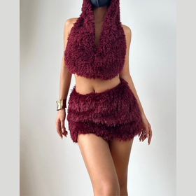 Hoodie backless self tie fluffy mini skirt set  | Festival Outfits Women