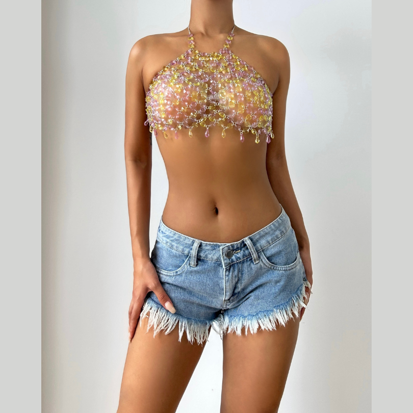 Halter hollow out crystal beaded crop cut out top  | Festival Outfits Women