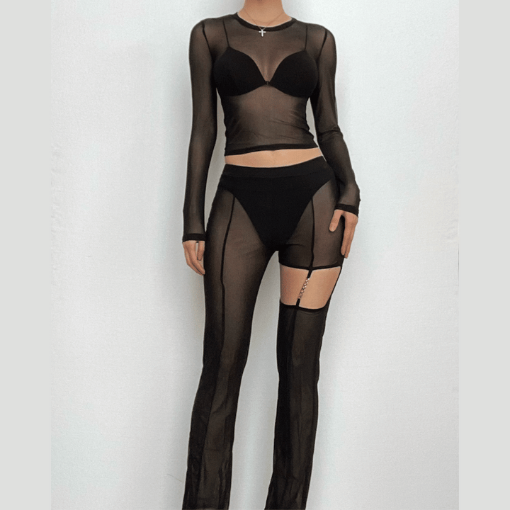 Mesh see through hollow out long sleeve solid pant set-final-sale