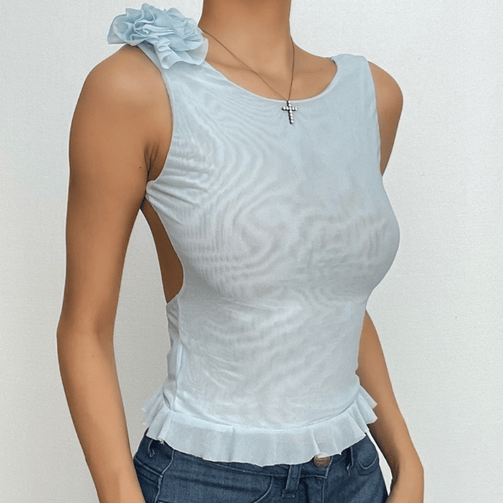 Sheer mesh flower applique see through sleeveless ruffle backless top  | Festival Outfits Women