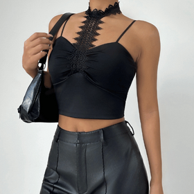 Halter lace hem solid padded cami top  | Festival Outfits Women