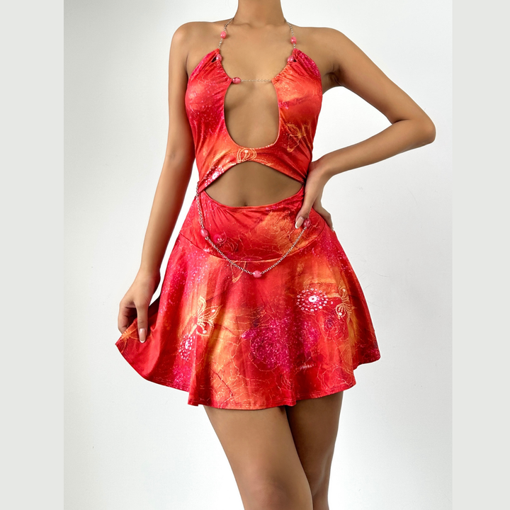 Metal chain halter hollow out print cut out mini dress  | Festival Outfits Women-final-sale