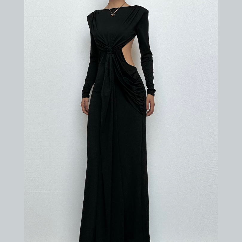 Long sleeve padded backless ruched maxi dress-final-sale  | Festival Outfits Women