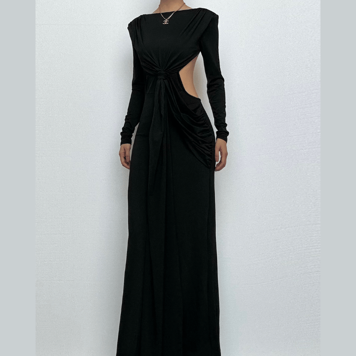Long sleeve padded backless ruched maxi dress-final-sale  | Festival Outfits Women