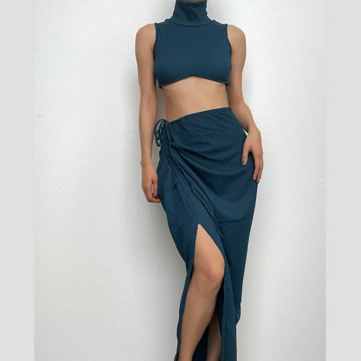 Slit textured sleeveless high neck ruched solid maxi skirt set-final-sale  | Festival Outfits Women