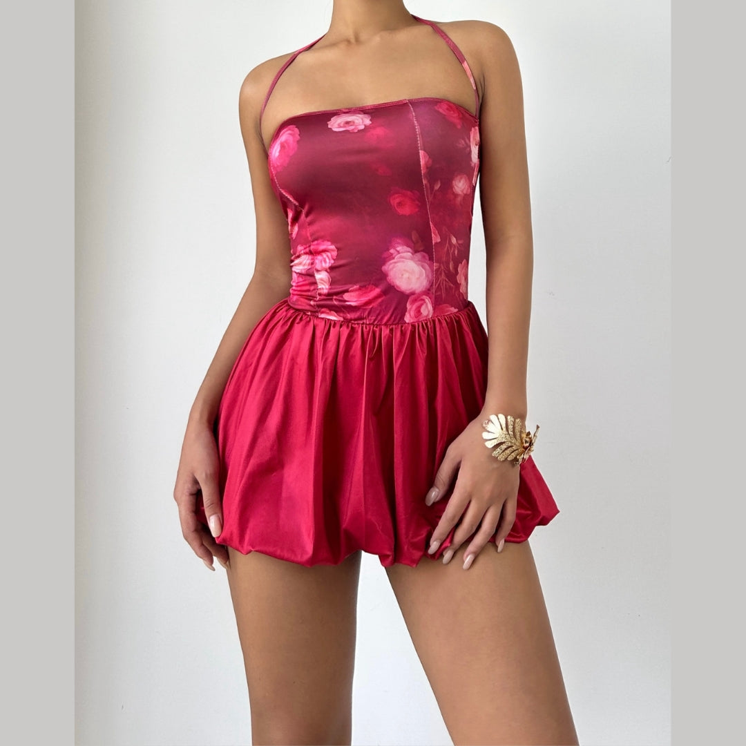 Halter flower print self tie ruched mini dress  | Festival Outfits Women