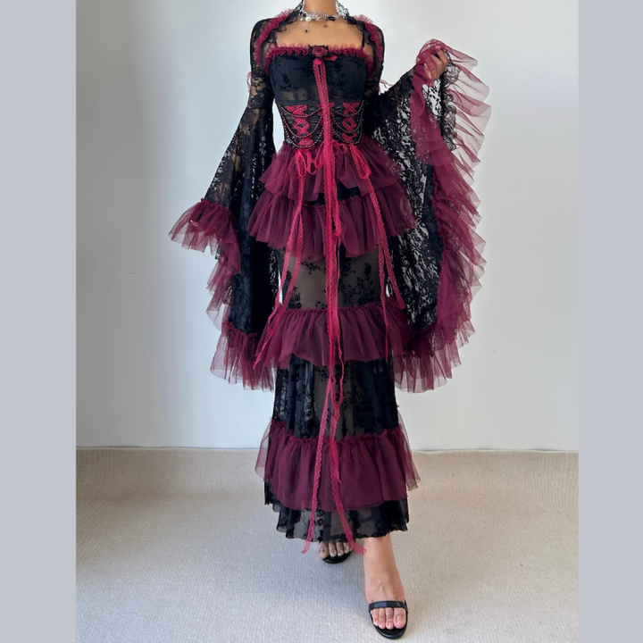Lace long flared sleeve beaded flower applique maxi dress  | Festival Outfits Women