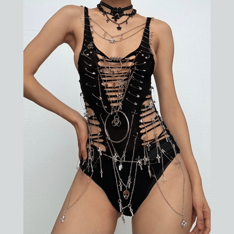 Hollow out metal chain o ring skull applique bodysuit  | Festival Outfits Women