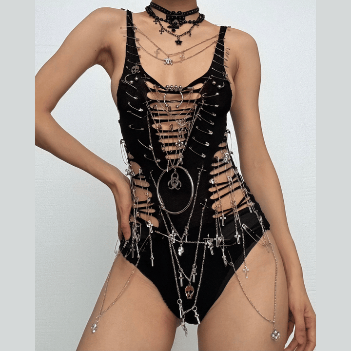 Hollow out metal chain o ring skull applique bodysuit  | Festival Outfits Women