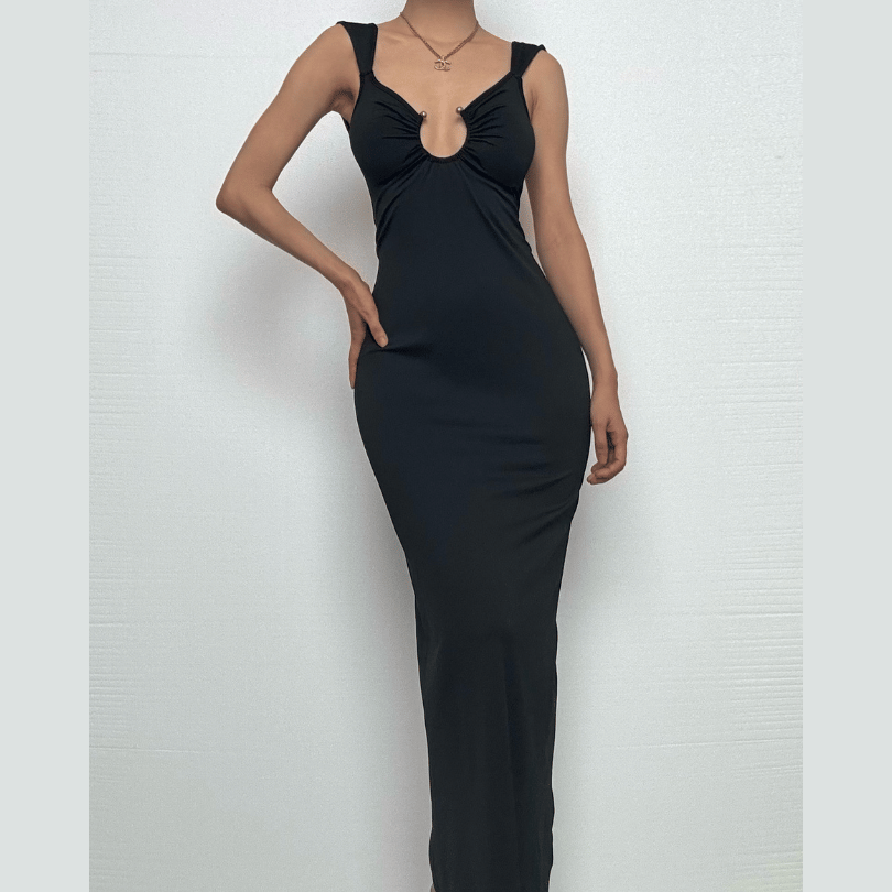O ring ruched hollow out high slit cami cut out maxi dress  | Festival Outfits Women