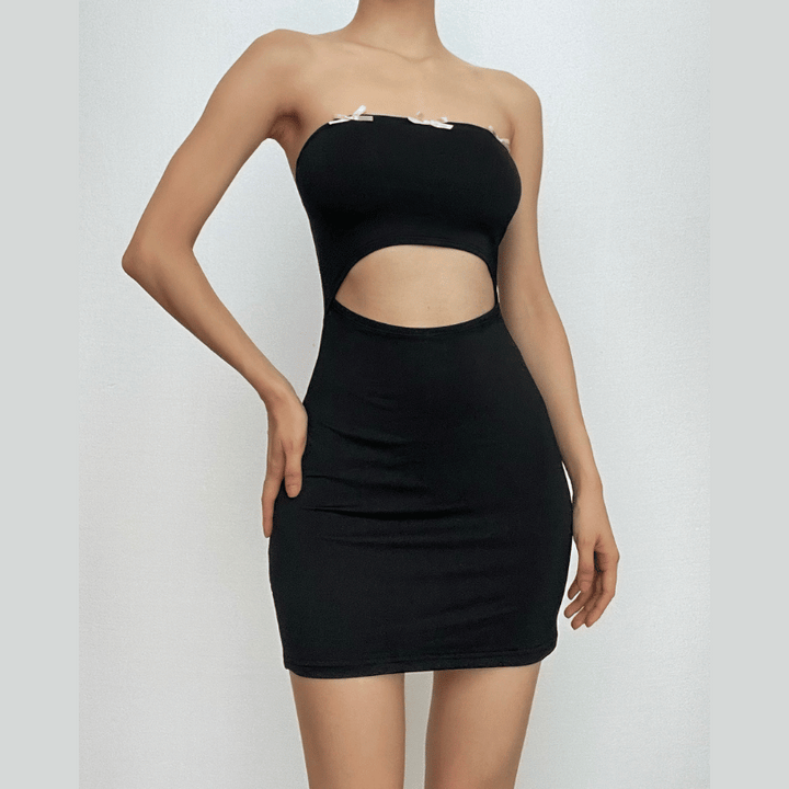 Hollow out bowknot solid backless tube cut out mini dress