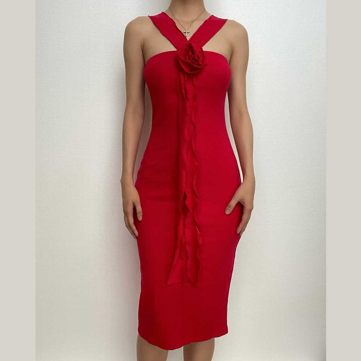 Ribbed solid slit flower applique ribbon ruffle midi dress-final-sale  | Festival Outfits Women