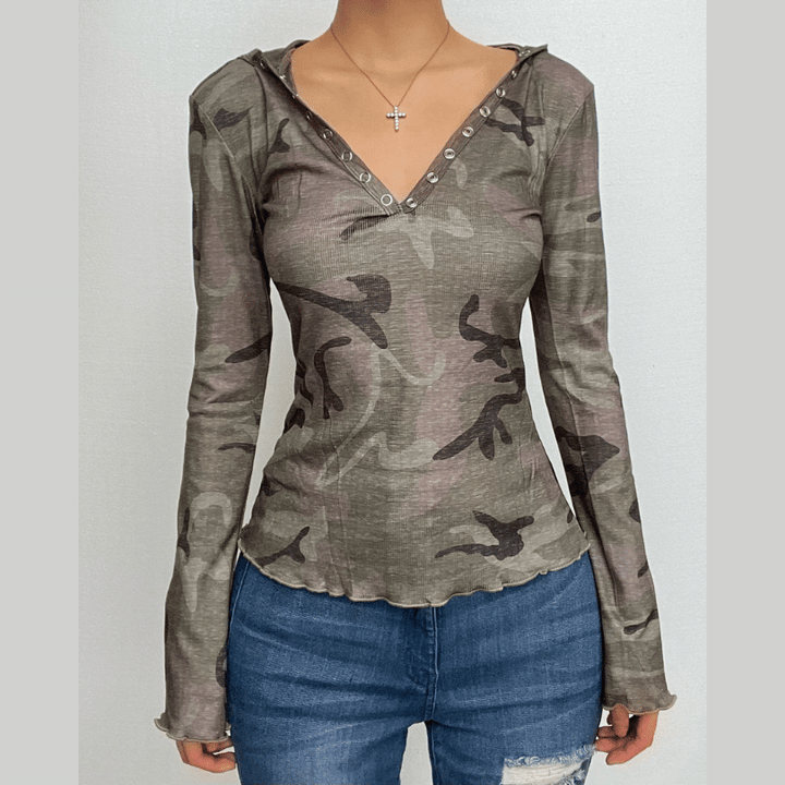 Camouflage contrast hoodie button long sleeve top-final-sale  | Festival Outfits Women