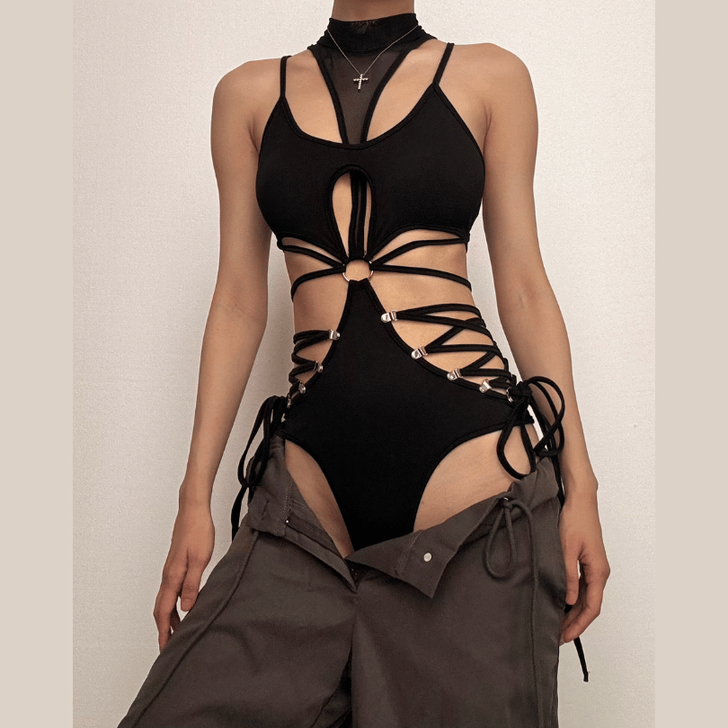 High neck o ring hollow out lace up gloves bodysuit  | Festival Outfits Women