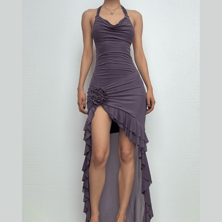 Halter cowl neck flower applique ruffle maxi dress  | Festival Outfits Women