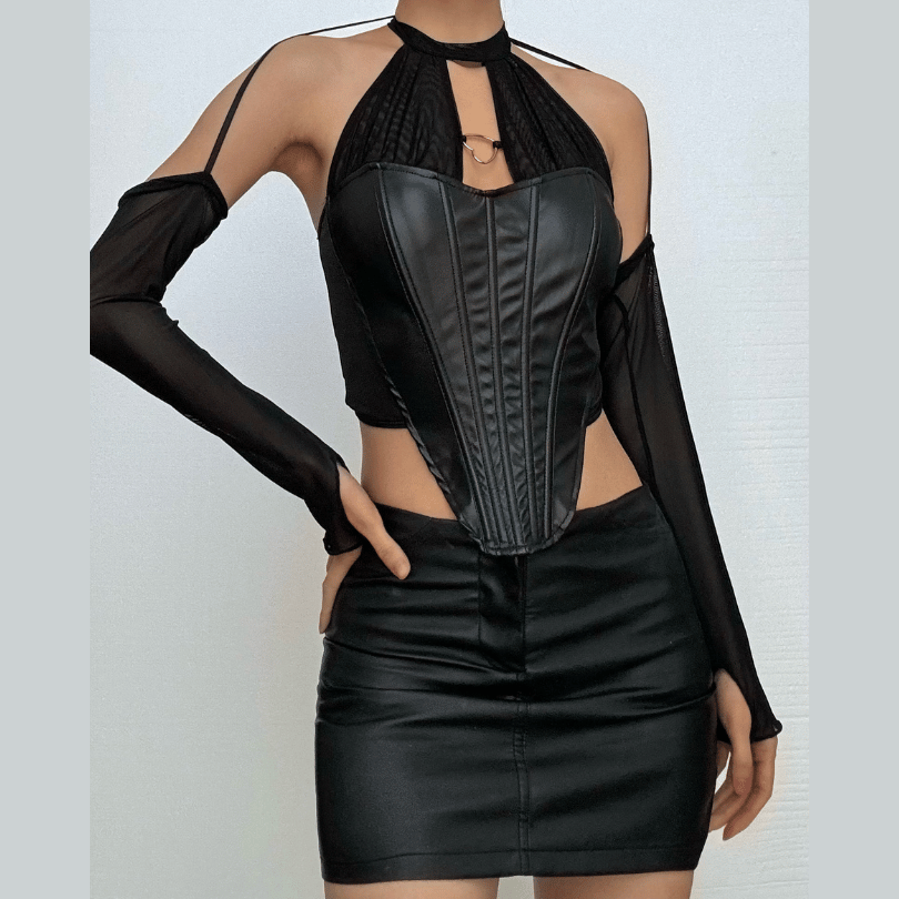 Halter PU leather bustier hollow out cut out top-final-sale