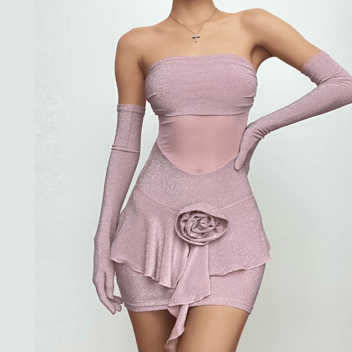 Gloves flower applique mesh patchwork ruched tube mini dress-final-sale  | Festival Outfits Women