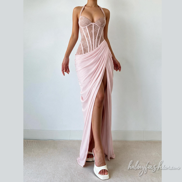 Self tie halter lace ruched irregular slit maxi dress - Halibuy - 27