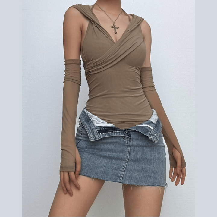 Hoodie gloves sheer mesh top  | Festival Outfits Women
