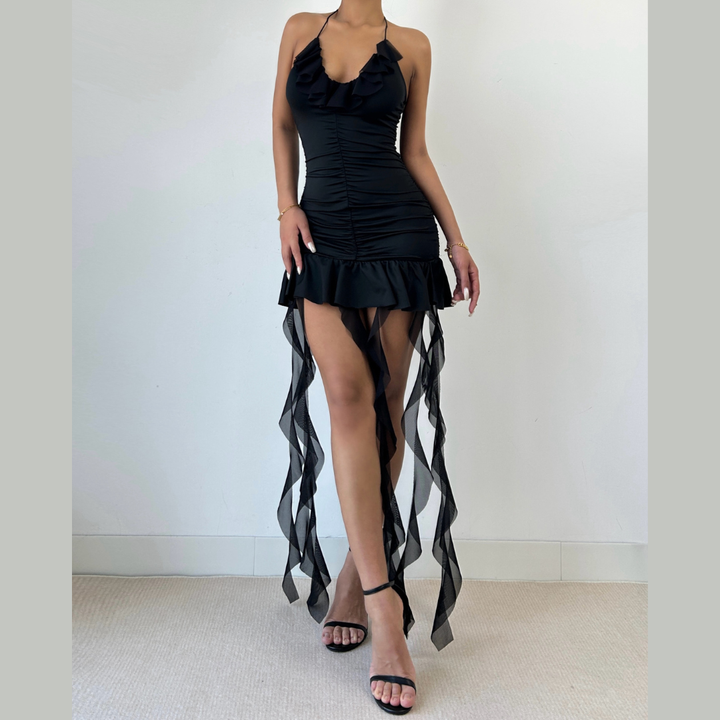 Halter self tie v neck ruched mini dress  | Festival Outfits Women