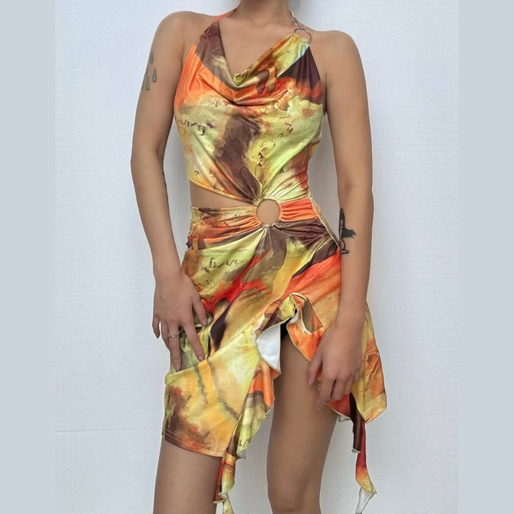 Cowl neck o ring halter self tie print mini dress  | Festival Outfits Women