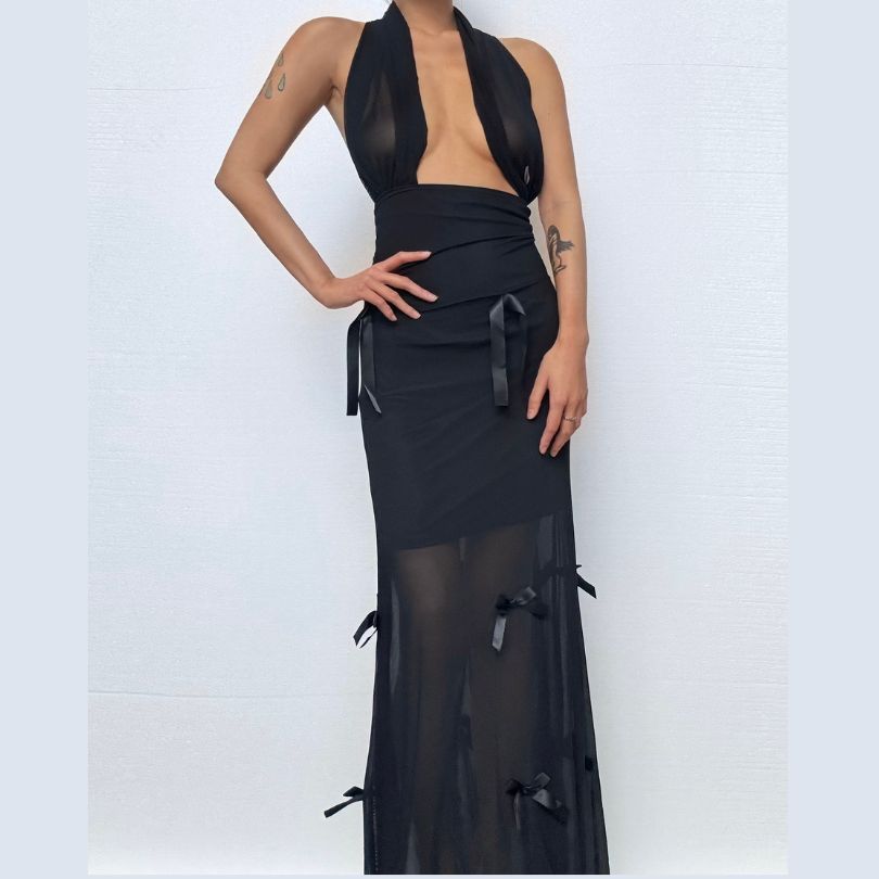 Bowknot hoodie square neck mesh 2-way maxi dress  | Festival Outfits Women